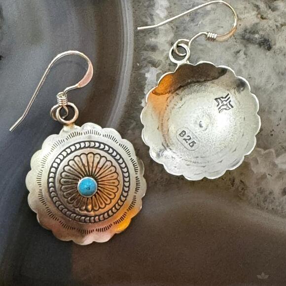 Native American Sterling Turquoise Dot Flower Concho Dangle Earrings For Women - Picture 9 of 10